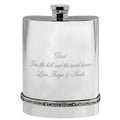 Example engraving (gift for dad): "Dad / For the hill and the road home / Love, Freya & Noah" on the Pewter Celtic Hip Flask