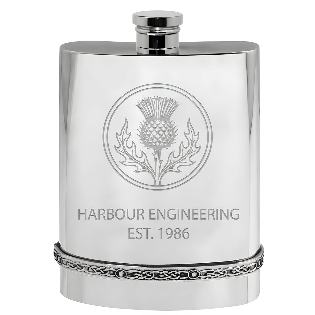 Example engraving (company logo): "HARBOUR ENGINEERING / EST. 1986" on the Pewter Celtic Hip Flask
