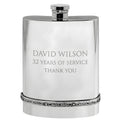 Example engraving (thank you): "David Wilson / 32 Years of Service / Thank You" on the Pewter Celtic Hip Flask