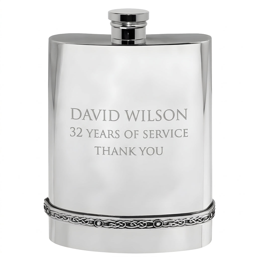Example engraving (thank you): "David Wilson / 32 Years of Service / Thank You" on the Pewter Celtic Hip Flask