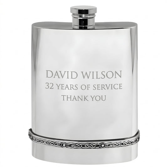 Example engraving (thank you): "David Wilson / 32 Years of Service / Thank You" on the Pewter Celtic Hip Flask