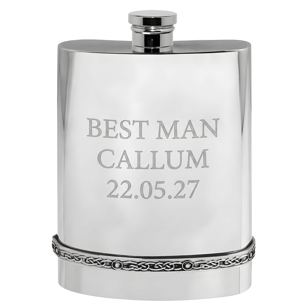 Example engraving (wedding party): "Best Man / Callum / 22.05.27" on the Pewter Celtic Hip Flask