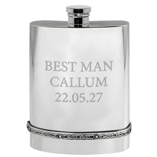 Example engraving (wedding party): "Best Man / Callum / 22.05.27" on the Pewter Celtic Hip Flask