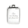 Example engraving (birthday): "Ross / 21st Birthday / 4th March 2027" on the Pewter Hip Flask