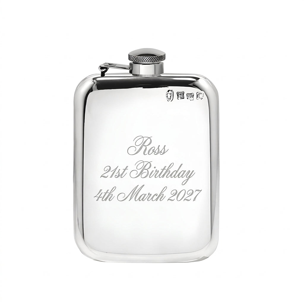 Example engraving (birthday): "Ross / 21st Birthday / 4th March 2027" on the Pewter Hip Flask