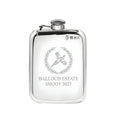 Example engraving (crest): "BALLOCH ESTATE / SHOOT 2027" on the Pewter Hip Flask
