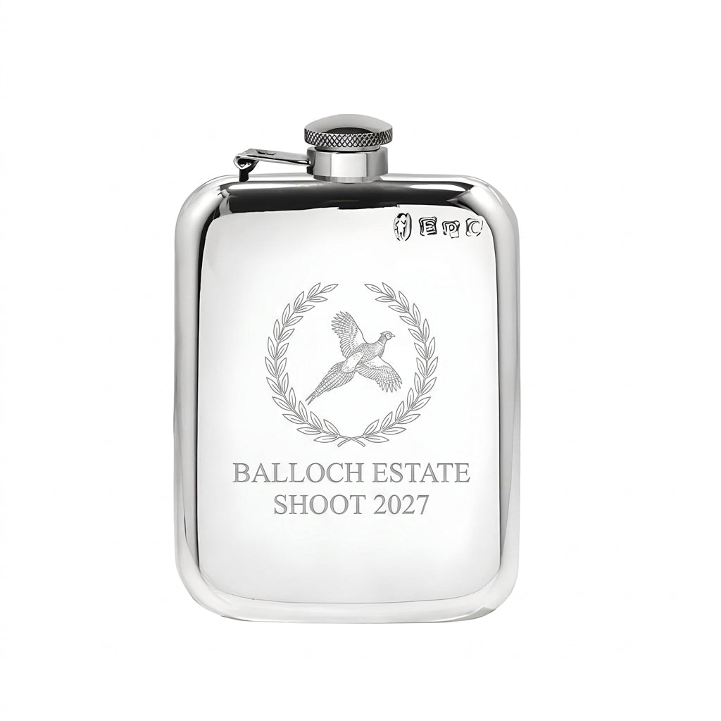 Example engraving (crest): "BALLOCH ESTATE / SHOOT 2027" on the Pewter Hip Flask