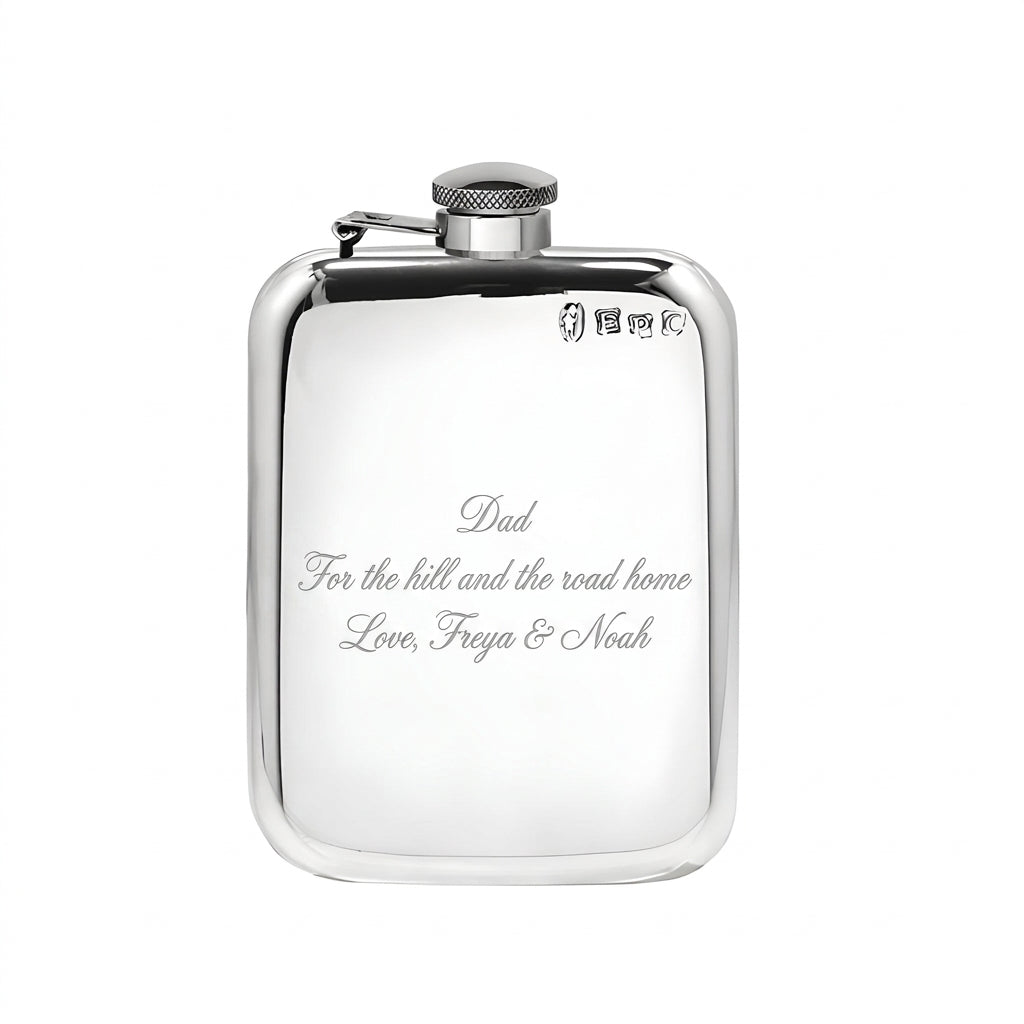 Example engraving (gift for dad): "Dad / For the hill and the road home / Love, Freya & Noah" on the Pewter Hip Flask