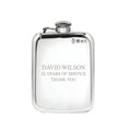 Example engraving (thank you): "David Wilson / 32 Years of Service / Thank You" on the Pewter Hip Flask