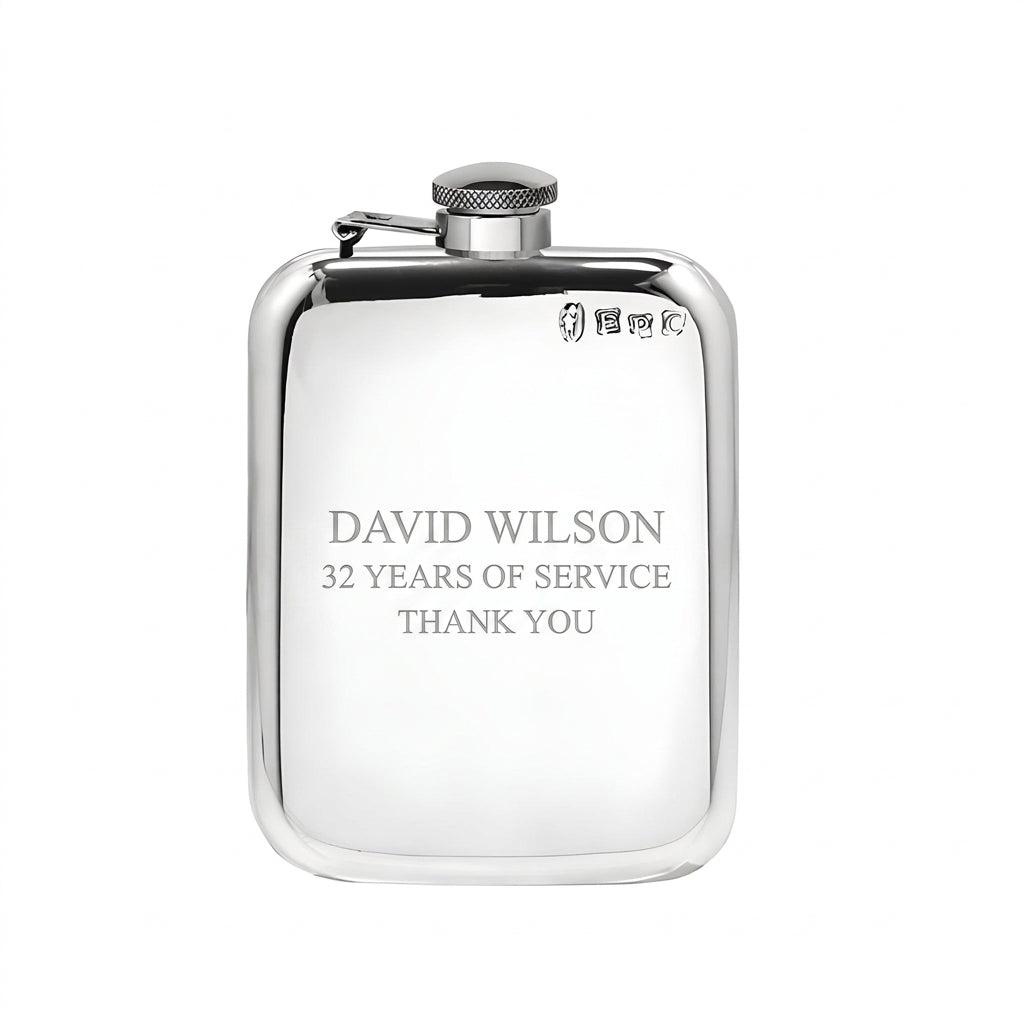 Example engraving (thank you): "David Wilson / 32 Years of Service / Thank You" on the Pewter Hip Flask