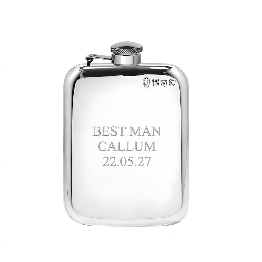 Example engraving (wedding party): "Best Man / Callum / 22.05.27" on the Pewter Hip Flask