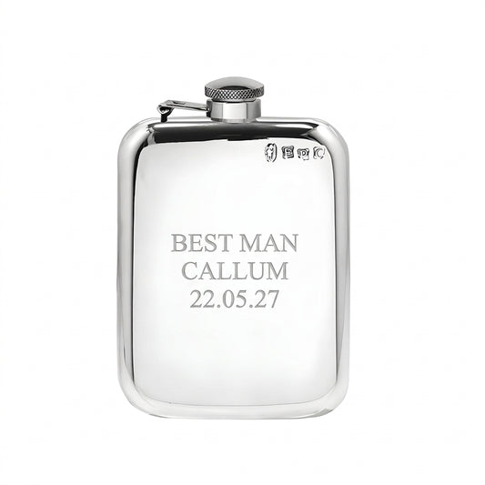 Example engraving (wedding party): "Best Man / Callum / 22.05.27" on the Pewter Hip Flask