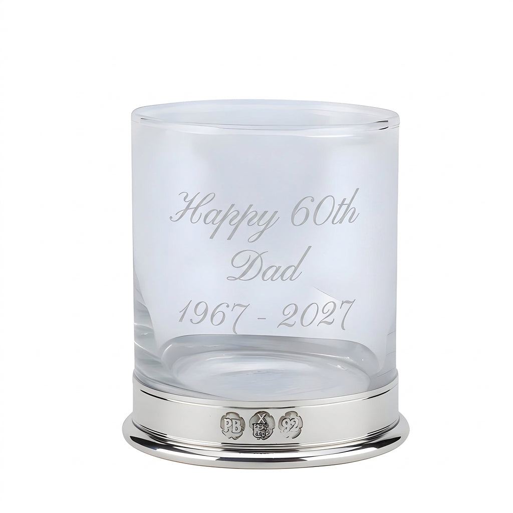 Example engraving (birthday): "Happy 60th / Dad / 1967 - 2027" on the Pewter Whisky Glass