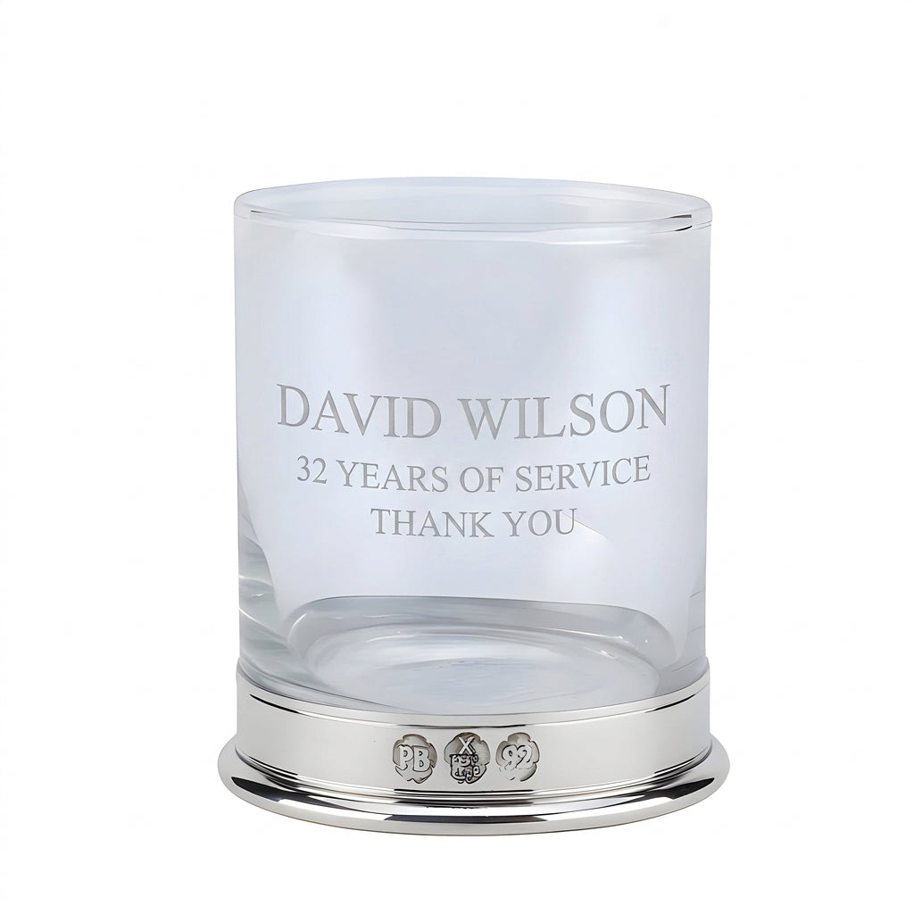 Example engraving (thank you): "David Wilson / 32 Years of Service / Thank You" on the Pewter Whisky Glass