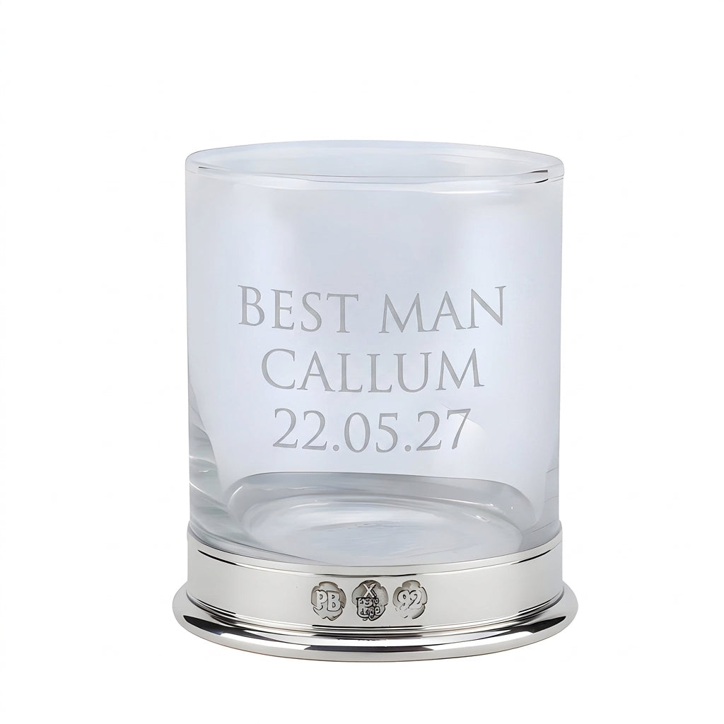 Example engraving (wedding party): "Best Man / Callum / 22.05.27" on the Pewter Whisky Glass
