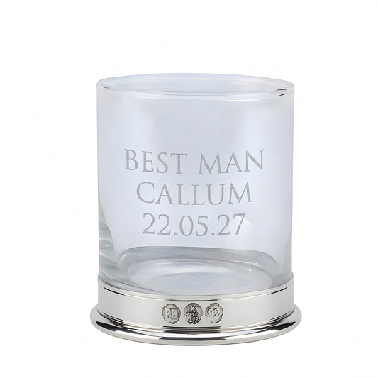 Example engraving (wedding party): "Best Man / Callum / 22.05.27" on the Pewter Whisky Glass