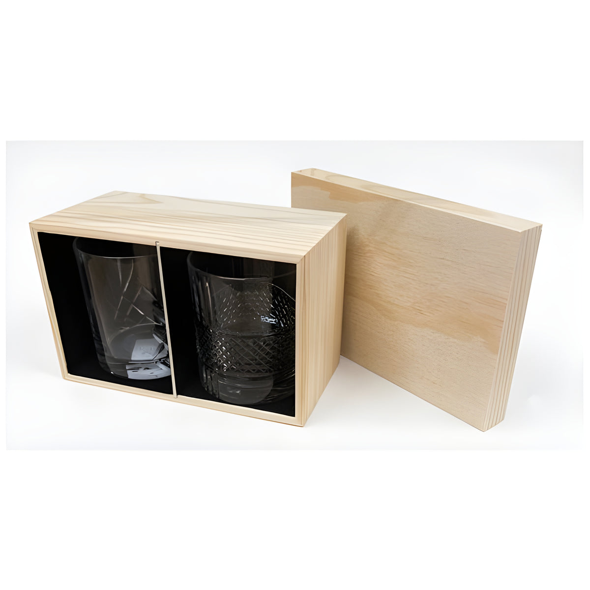 Wooden gift box with two crystal tumblers and black felt lining.
