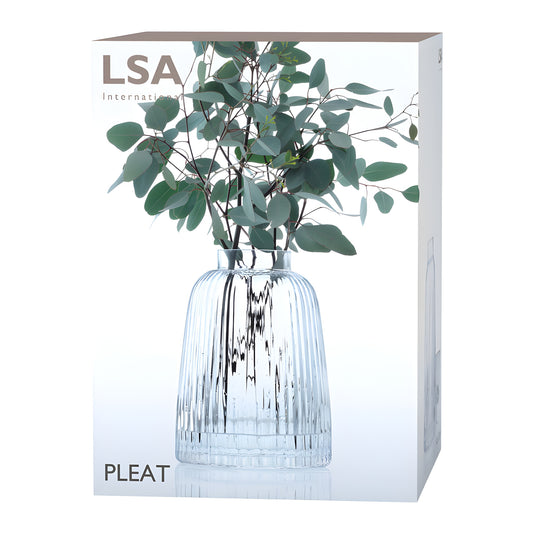 Clear glass pleat vase with green leaves in packaging box.