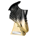Carbon black and gold football boot trophy with engraving plate for achievement awards.