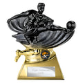 Black and gold soccer trophy with customizable engraving panel.