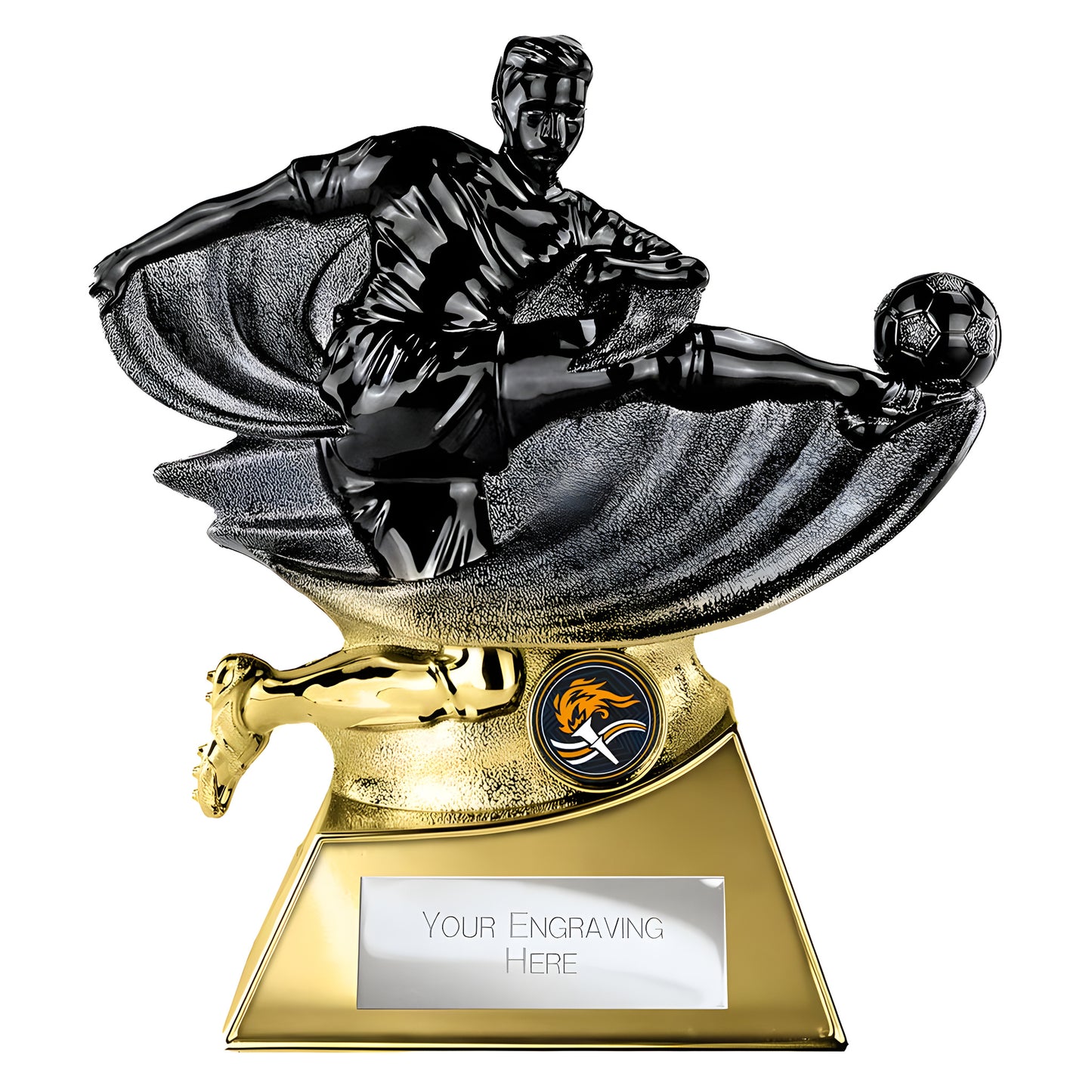 Black and gold soccer trophy with customizable engraving panel.