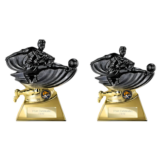 Black and gold soccer trophy featuring a player kicking a ball with engraving space.