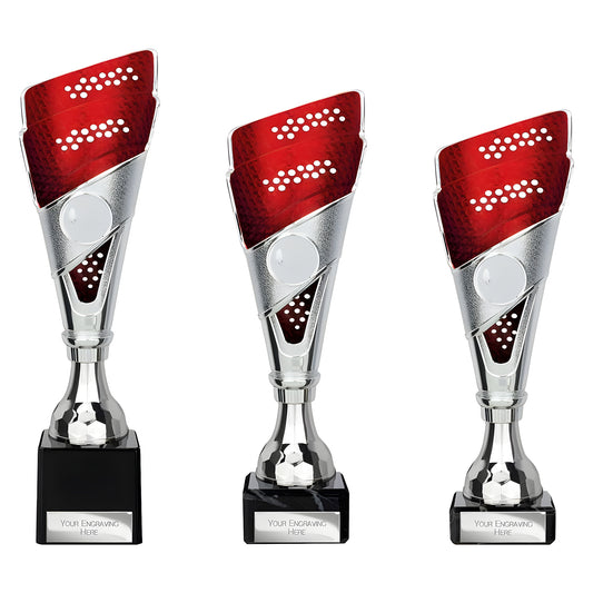 Silver and red sport trophy with engraving plate, 230mm tall.