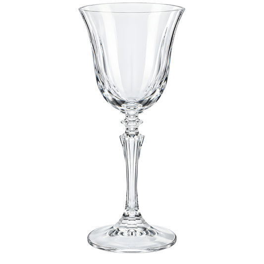 Crystal stemware wine glass with classic design on white background.