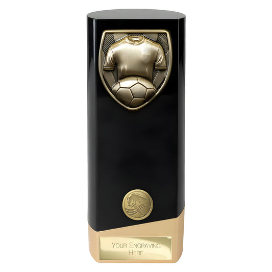 Black and gold football trophy with jersey and ball design, customizable engraving.