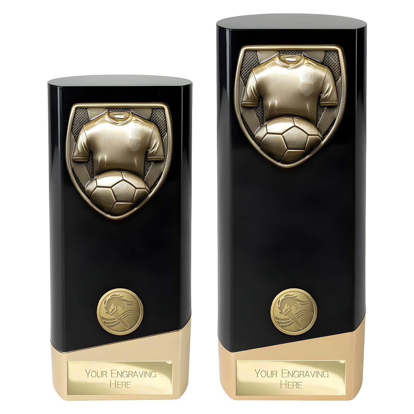 Black and gold football trophy with shirt and ball design, engraving plate.