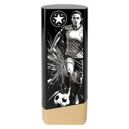 Black and gold ladies football trophy with soccer player illustration.