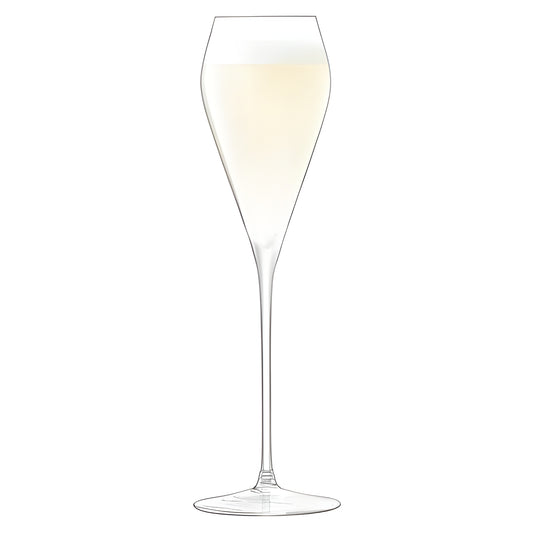 Tall elegant glass filled with white Prosecco.