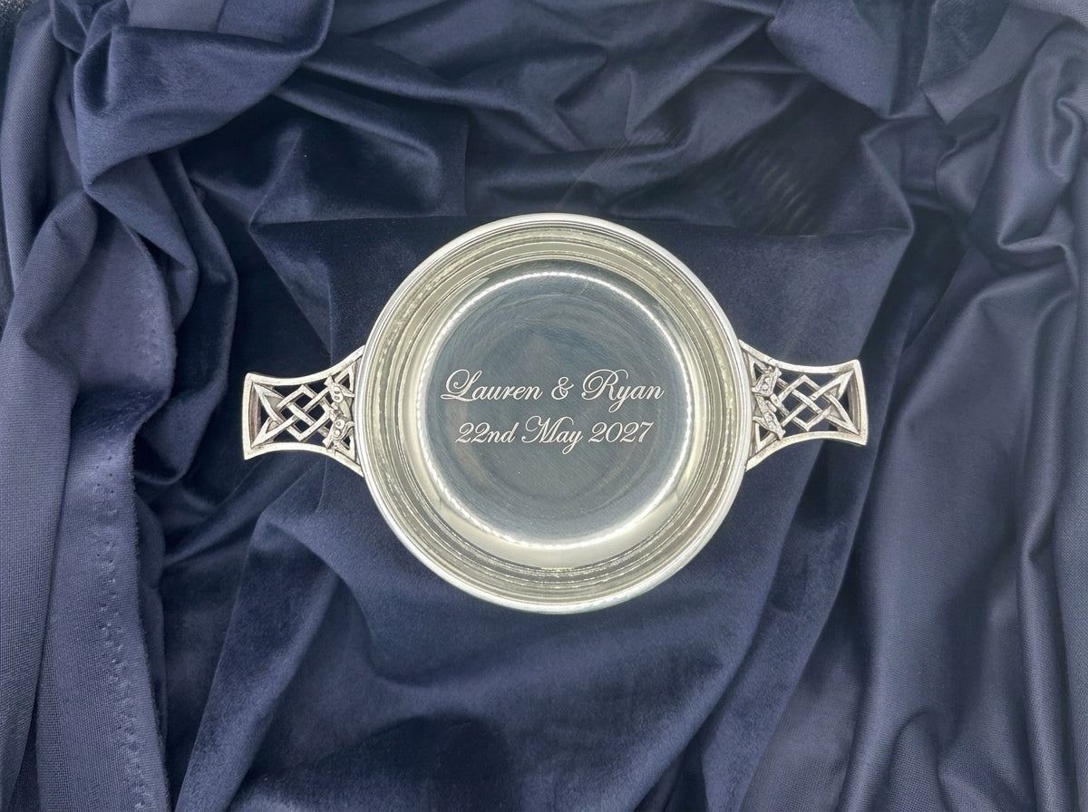 Example of a wedding engraving inside a pewter quaich