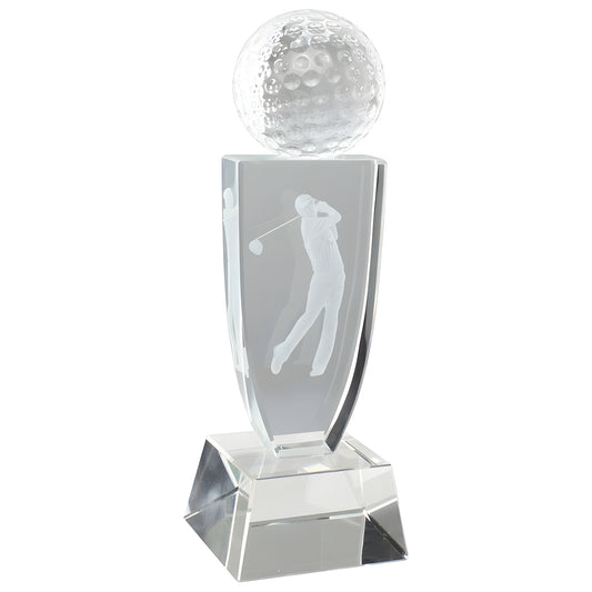 Engraved crystal golf award with golfer figure and golf ball design.