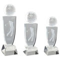 Crystal golf trophies with engraved golfer figures and golf ball designs.