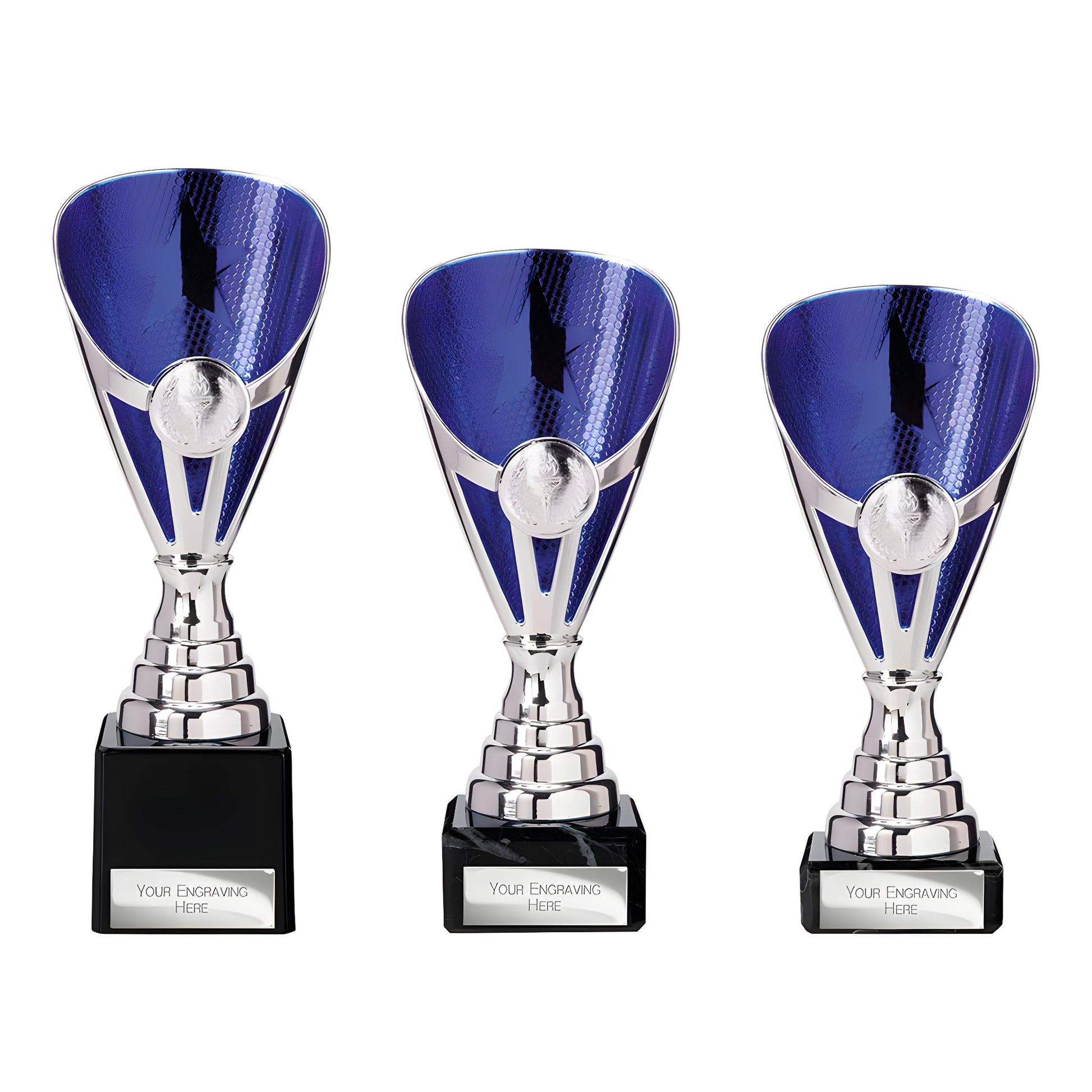 Set of three silver and blue premium plastic trophies with engraving plate.