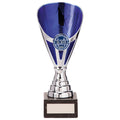Silver and blue trophy with star pattern and marble base, 175mm tall.