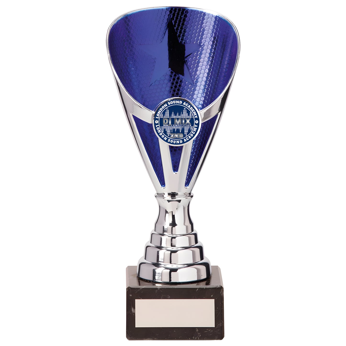 Silver and blue trophy with star pattern and marble base, 175mm tall.