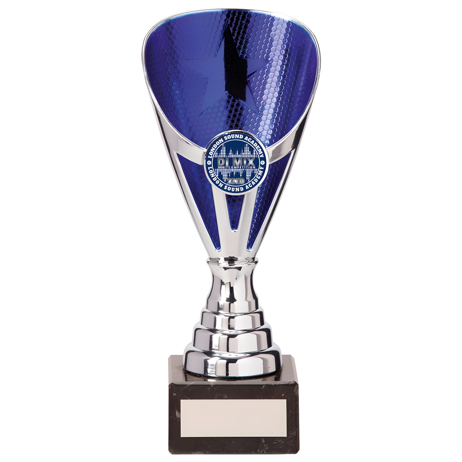 Silver and blue trophy with star pattern and marble base, 175mm tall.