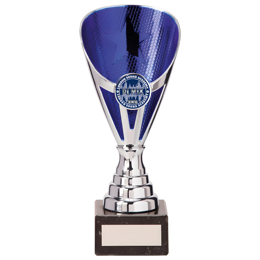 Silver and blue trophy with star pattern and marble base, 175mm tall.