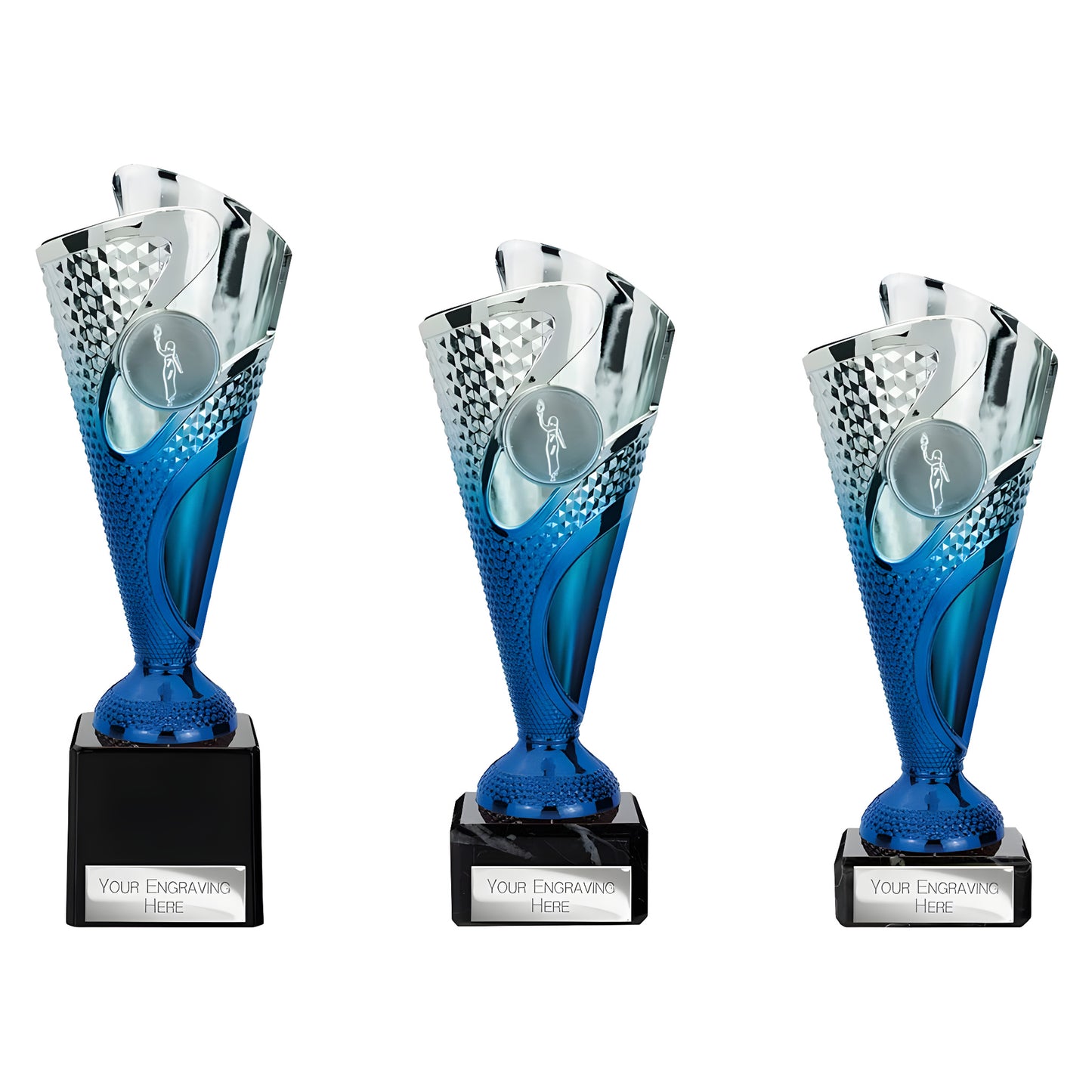 Silver and blue rodeo trophies with customizable engraving plates on black bases