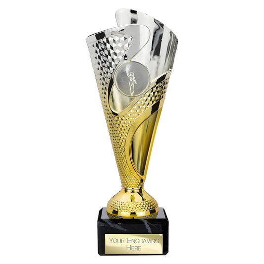 Silver and gold rodeo trophy cup with custom engraving option on marble base.