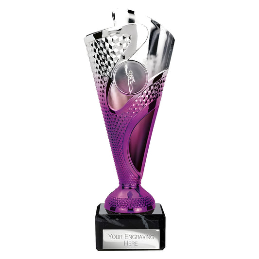 Silver and purple 185mm modern rodeo trophy with engraving plate on base.