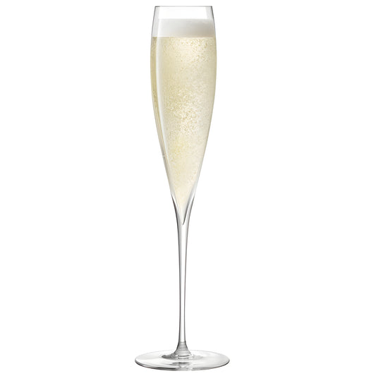 Tall elegant clear glass filled with sparkling champagne.