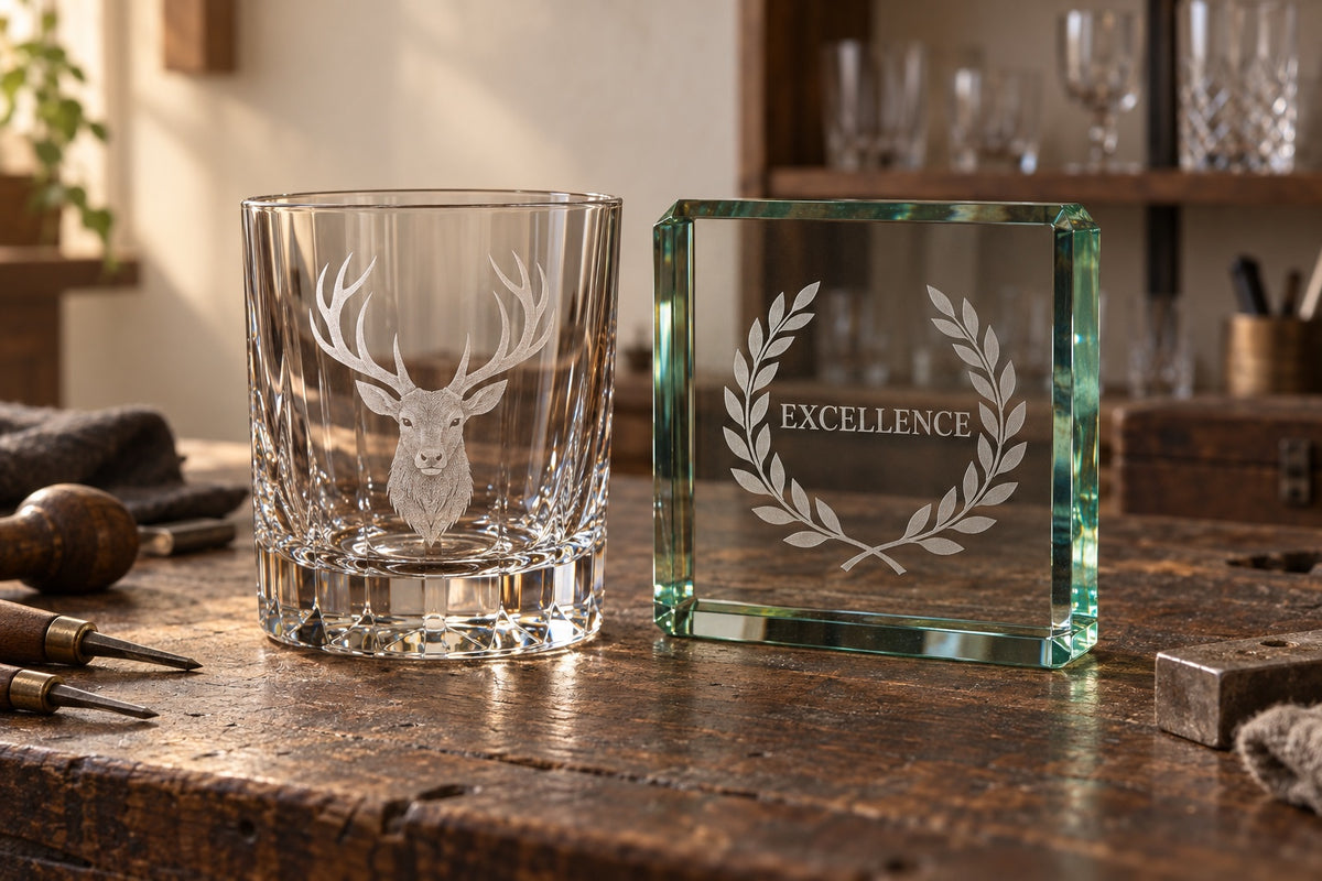 Engraved crystal whisky tumbler and jade glass award on a workshop bench