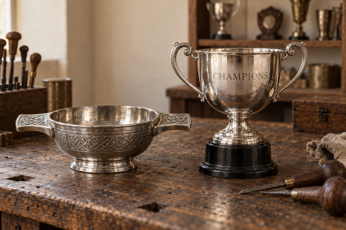 Engraved pewter quaich and silver champions trophy cup on a workshop bench