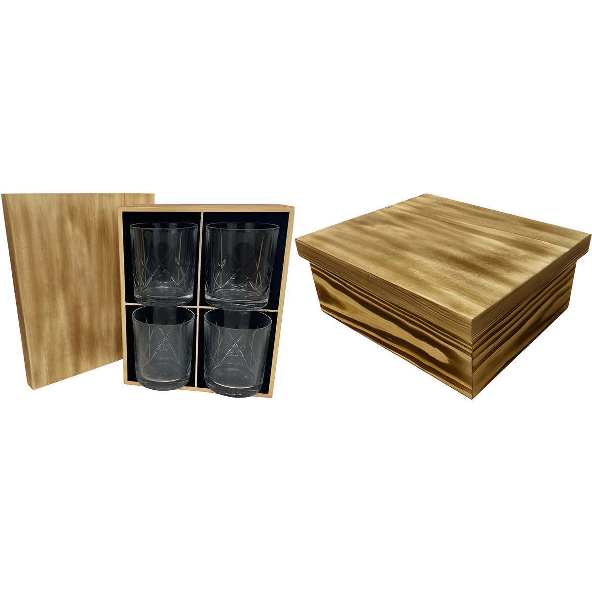 Set of four crystal whiskey tumblers in a wooden box with black felt lining.