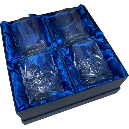 Set of 4 crystal tumblers in a blue satin gift box