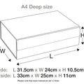 Diagram showing dimensions of a silver A4 deep gift box with changeable ribbon.