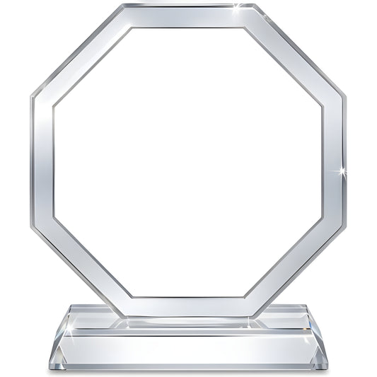 Clear octagon crystal trophy with silver edges on a base.